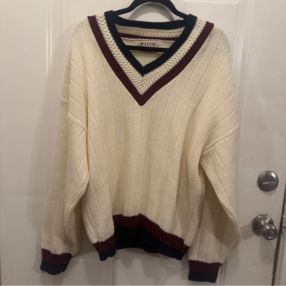 Falls Creek V-Neck Tennis Style Sweater in Cream and Burgundy